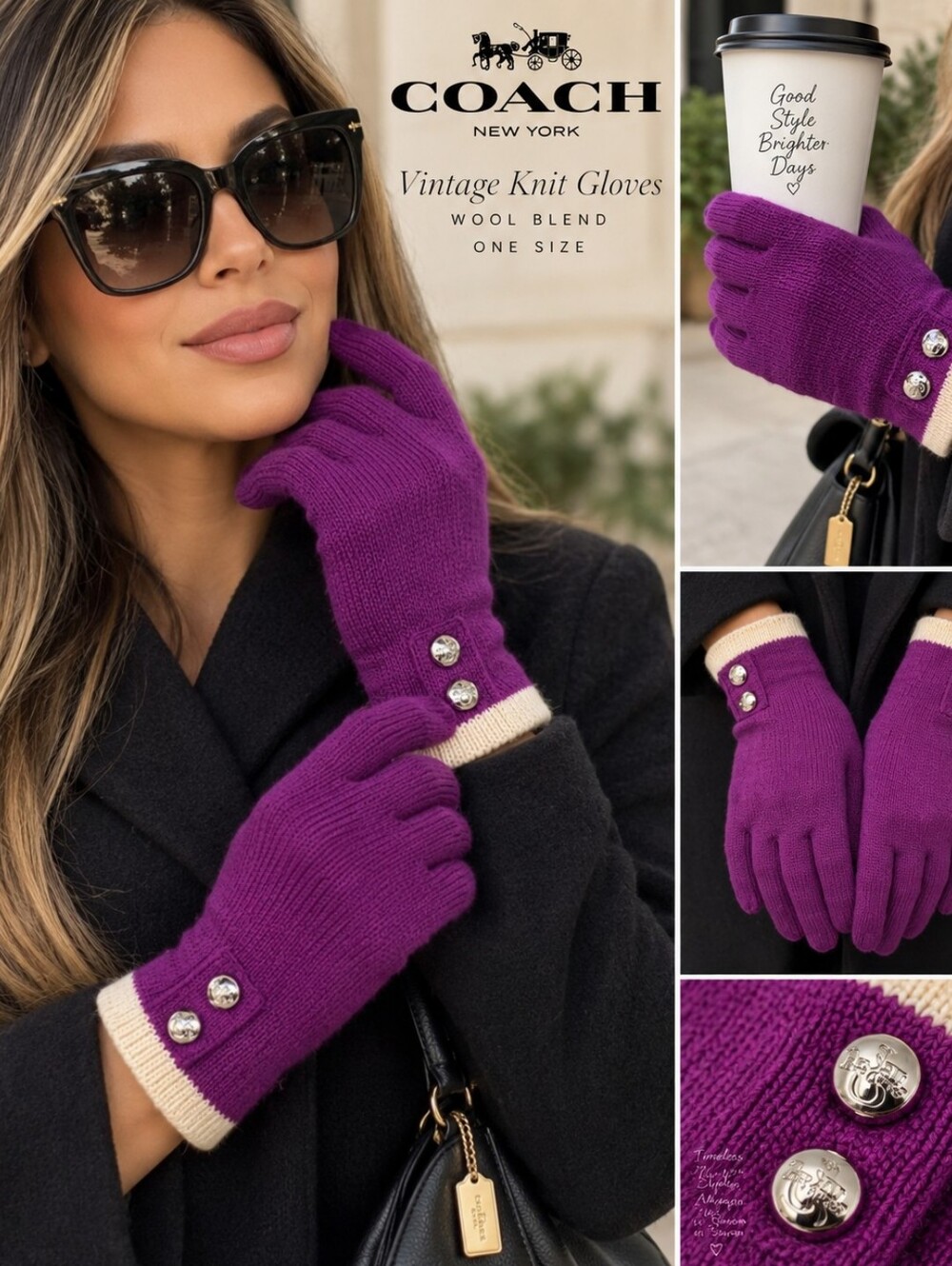 Coach Vintage Purple Knit Gloves Wool Blend Silver Logo Buttons One Size